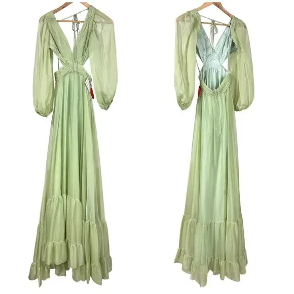 Mac Duggal NWT Sage Green Pleated Cut Out Long Sleeve Lace Up Tiered Gown Size 2 - Picture 3 of 9